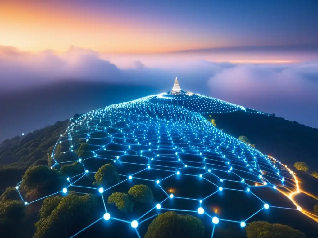 Red de Blockchain Inmobiliaria Internacional: Transparencia y Seguridad Una red blockchain futurista conectando propiedades internacionales, con transacciones seguras