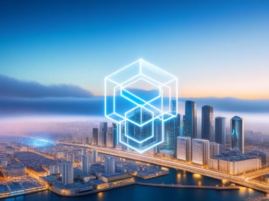 Transacciones inmobiliarias seguras: blockchain en la ciudad futurista Una red blockchain transparente sobre la ciudad simboliza préstamos inmobiliarios con tecnología Blockchain