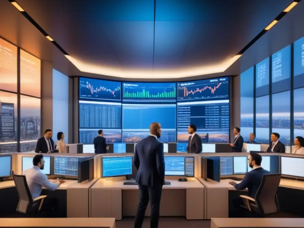 Red financiera global: negociaciones y datos bursátiles Una red de centros financieros globales interconectados con rascacielos modernos, pantallas digitales mostrando datos bursátiles y profesionales diversos debatiendo, simbolizando la complejidad y la interconexión de las regulaciones internacionales de M&A explotadas