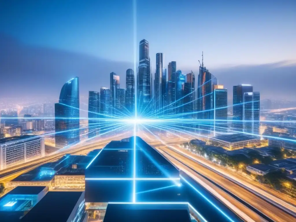 Red de ciberseguridad futurista protegiendo la ciudad Una red de ciberseguridad futurista protege la ciudad, fusionando tecnología y seguridad en el mercado inmobiliario