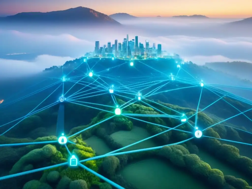 Análisis global inmobiliario: red interconectada de oportunidades Una red global de inversión inmobiliaria con iconos de edificios y casas, en tonos azules y verdes vibrantes