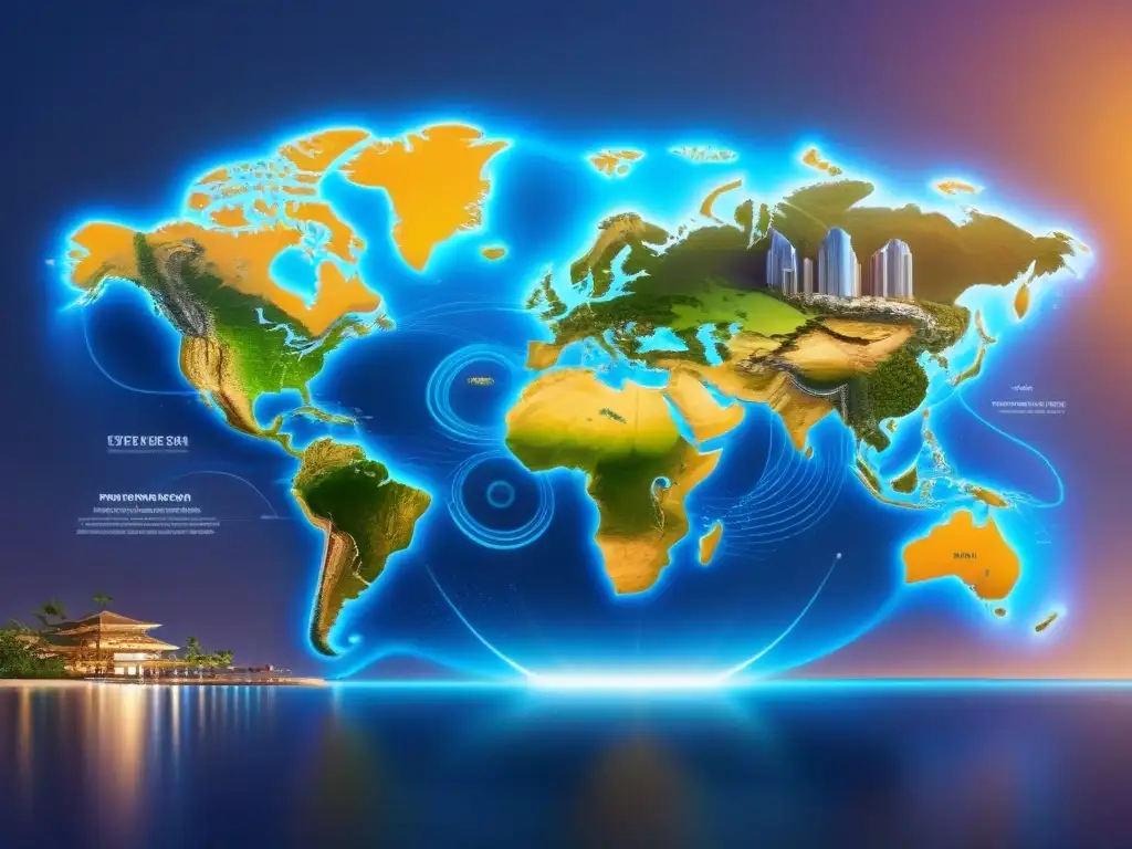 Red de propiedades de lujo: mundo futurista y conectado Una red global de propiedades de lujo en un mundo futurista, rodeadas de patrones de viajes internacionales