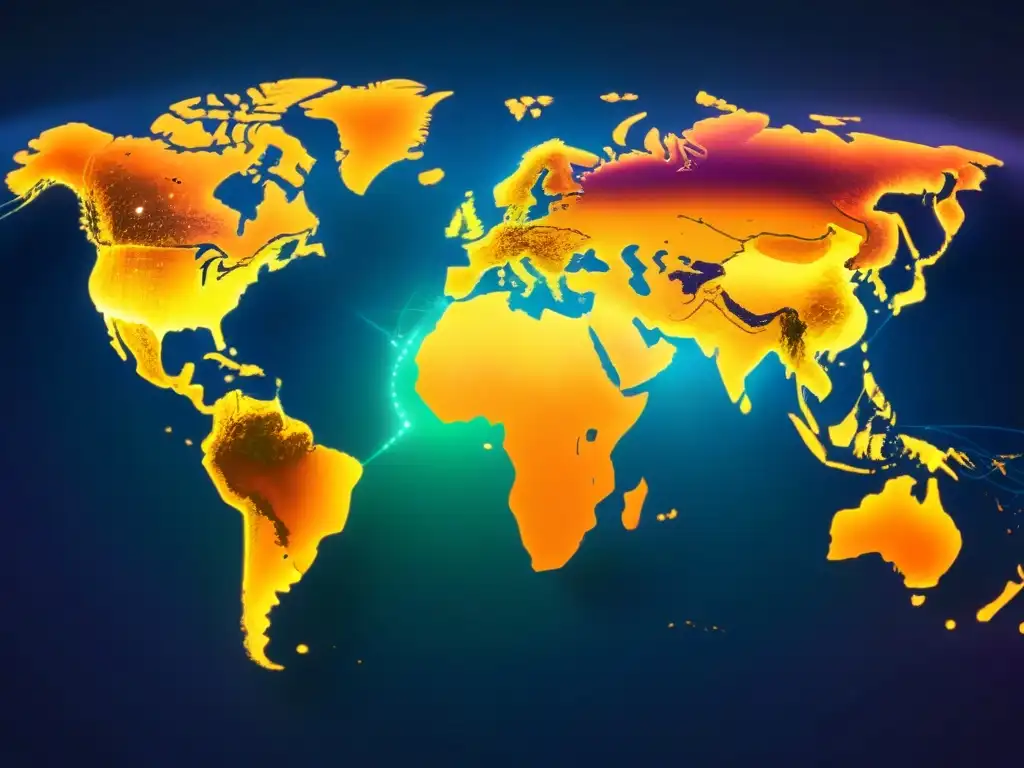 Mapa mundial de fusiones y adquisiciones: conexiones vibrantes Una red intrincada de líneas brillantes y nodos formando un mapa mundial, resaltando fusiones en mercados emergentes