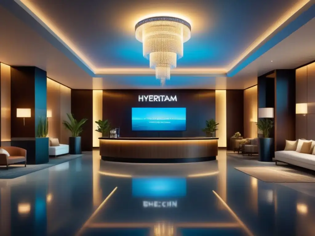 Exclusivo lobby de resort de alta tecnología en 8K Refinado lobby de resort de lujo con tecnología futurista y servicios de IA, iluminado con elegancia