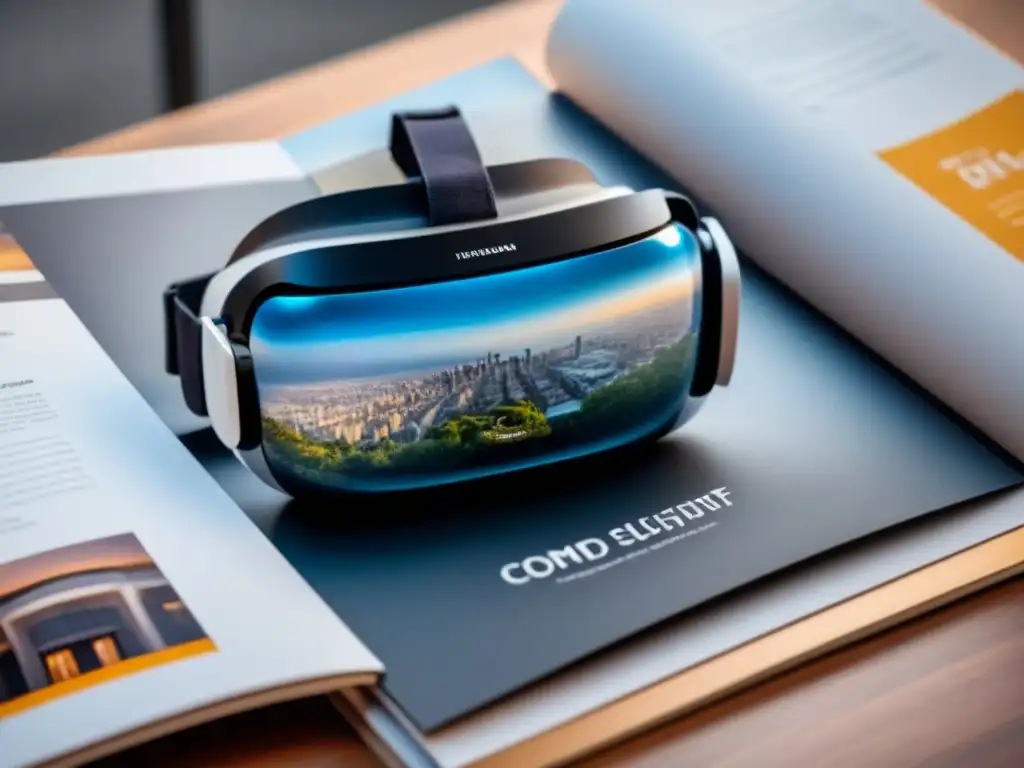 Inversión inmobiliaria futurista: Realidad virtual y lujo Reflejo de ciudad futurista en casco VR sobre folleto inmobiliario de lujo