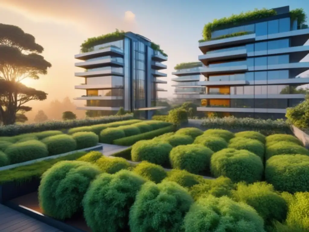 Edificio residencial futurista entre vegetación, eco-friendly y moderno Reflejo dorado del atardecer en edificio futurista entre vegetación y tecnología sostenible