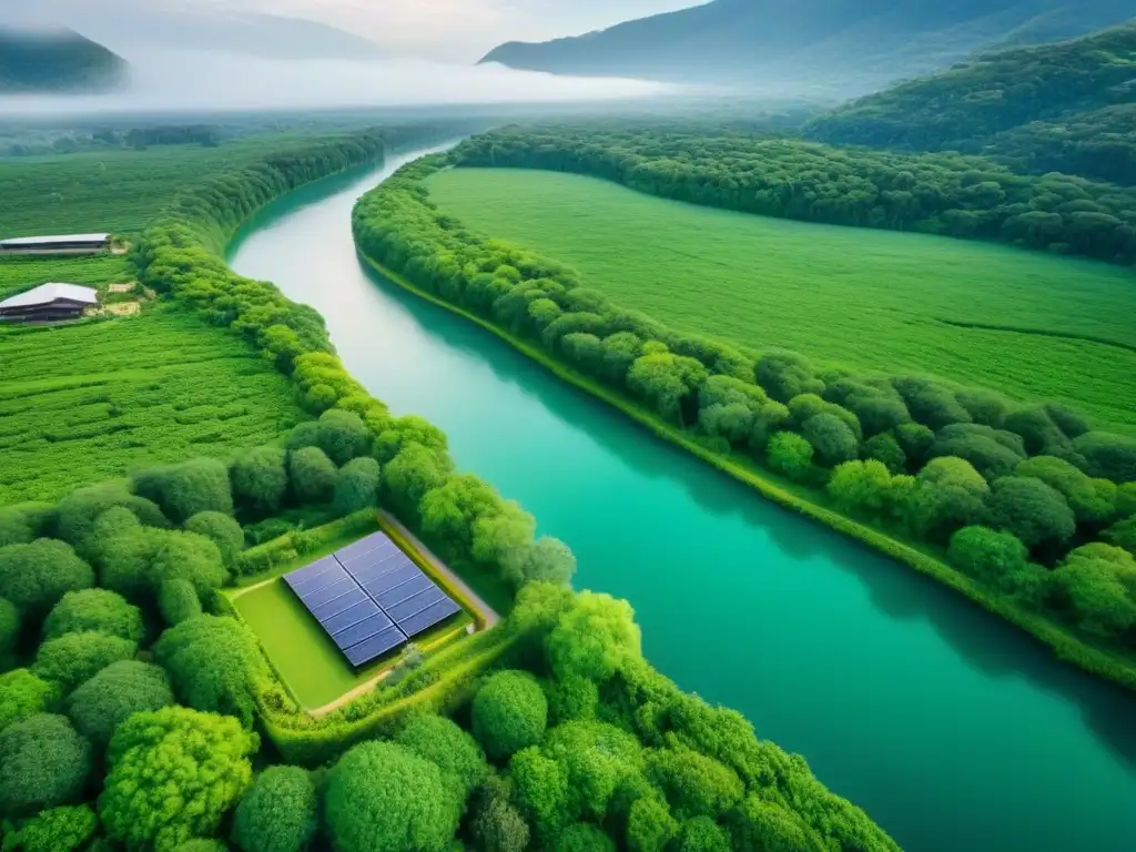 Resort ecológico entre árboles: lujo sostenible y naturaleza Un refugio ecoamigable entre árboles altos y paneles solares brillantes, con huéspedes disfrutando de comodidades sostenibles