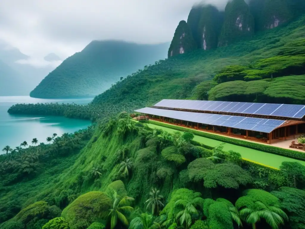Resort ecológico de lujo en la naturaleza Un refugio ecoamigable enclavado entre montañas, con arquitectura sostenible y paneles solares brillantes