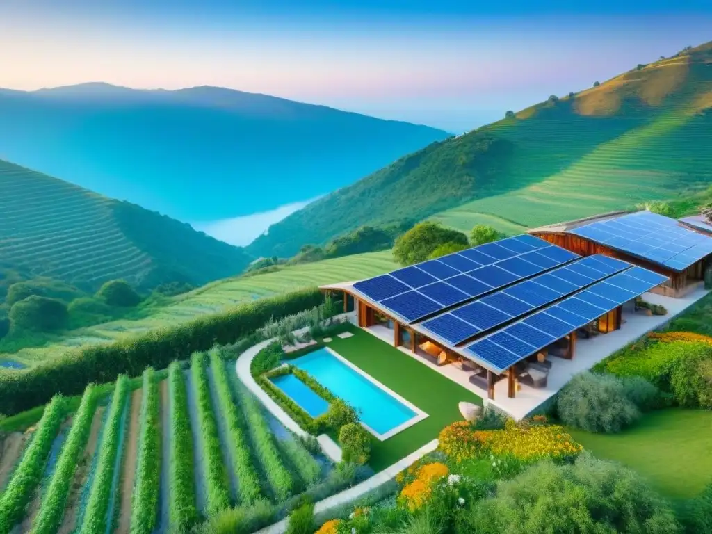 Refugio ecológico: lujo sostenible en armonía con la naturaleza Un refugio ecoamigable en medio de la naturaleza con piscina, paneles solares y jardín orgánico