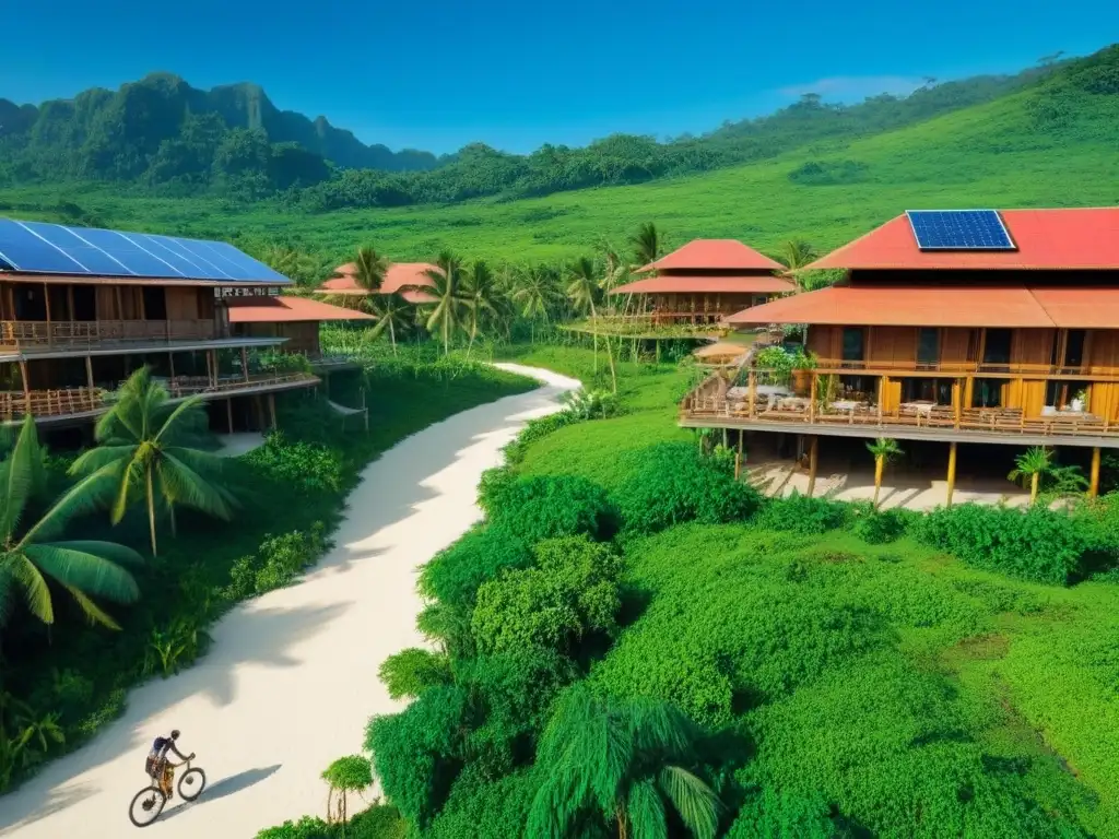 Resort ecológico en medio de la naturaleza exuberante Un refugio ecológico entre exuberante vegetación tropical, con paneles solares y turbinas eólicas