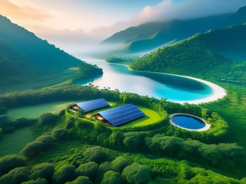 Resort ecológico de lujo en armonía con la naturaleza Un refugio ecológico de lujo rodeado de naturaleza, con paneles solares brillantes y actividades sostenibles