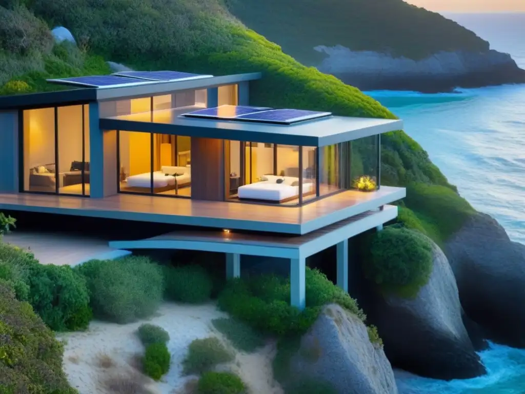 Escapada de lujo sostenible: vacaciones eco en acantilado Un refugio ecológico de lujo con vistas al mar al atardecer, donde viajeros disfrutan de comodidades sostenibles