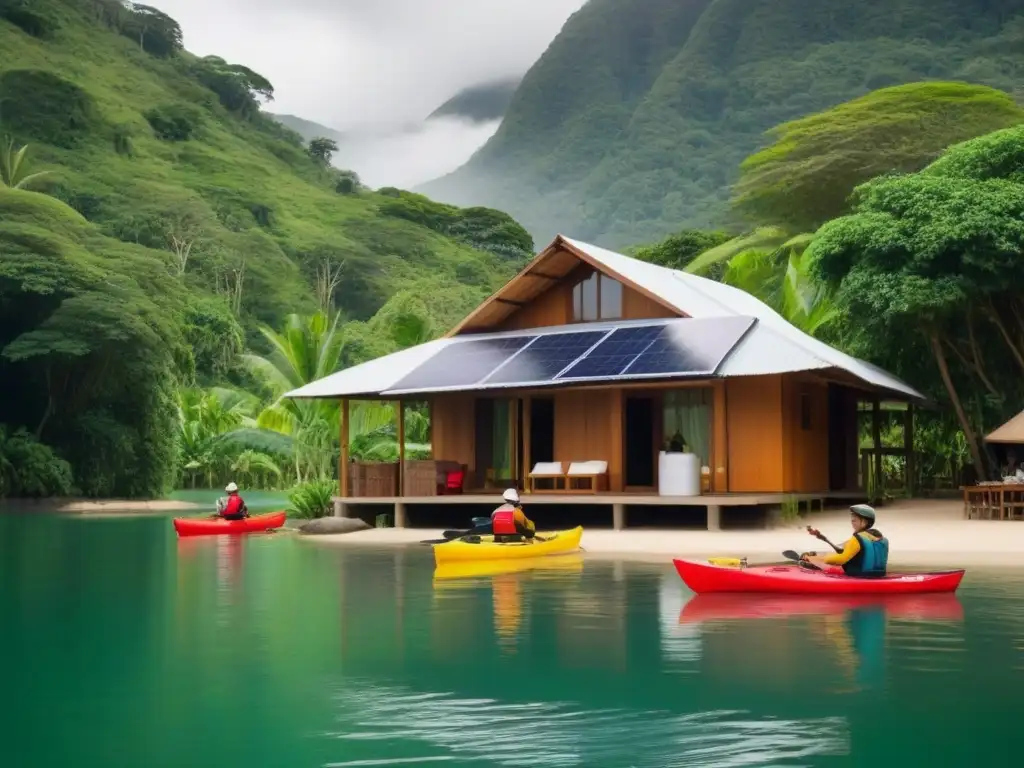 Paraíso ecológico: resort sostenible en armonía con la naturaleza Un refugio ecológico con paneles solares, huéspedes felices disfrutando actividades sostenibles