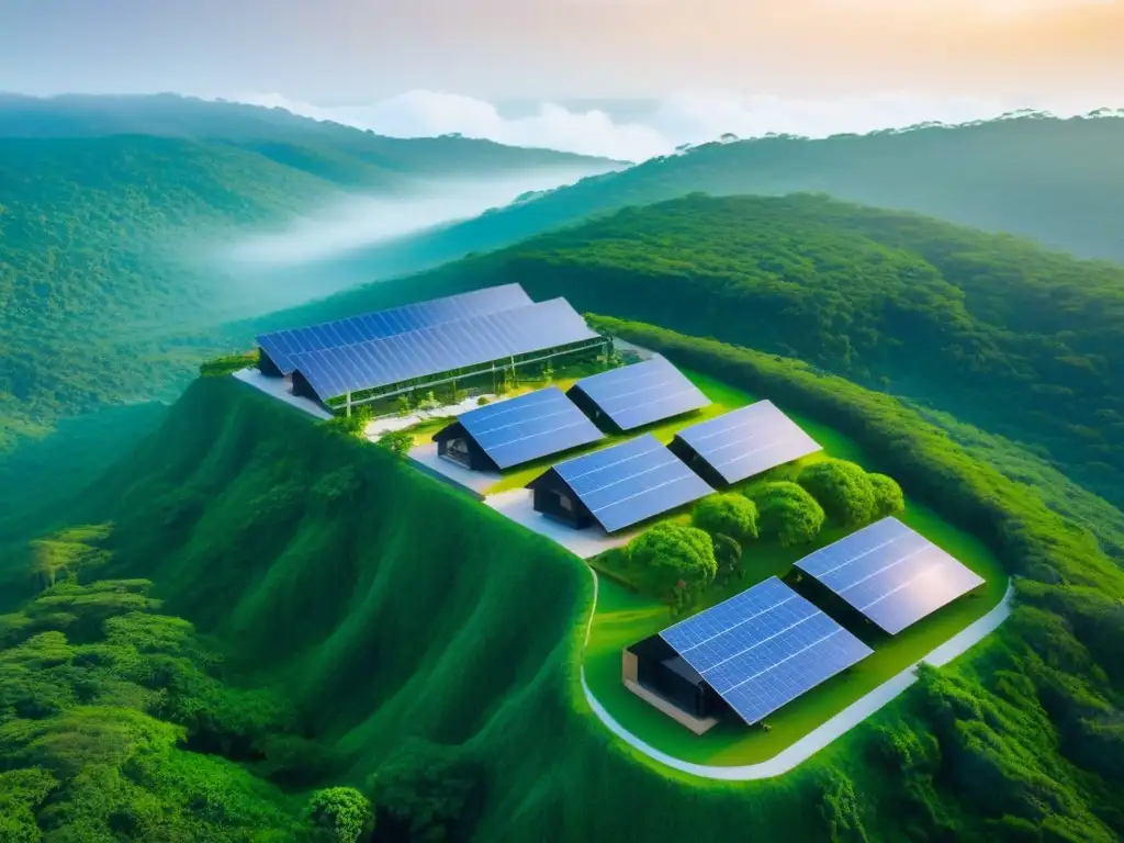 Resort ecológico: lujo sostenible entre la naturaleza Un refugio eco-sostenible rodeado de vegetación exuberante, con paneles solares y turbinas eólicas