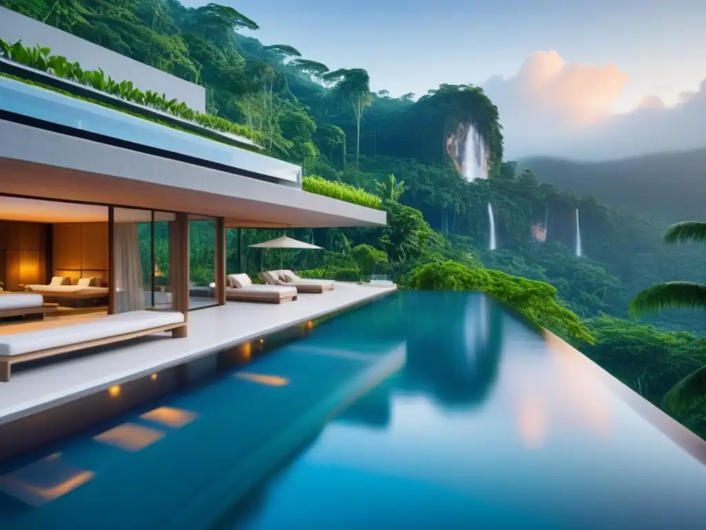 Resort ecológico futurista en la selva tropical Un refugio futurista ecológico en la selva tropical con diseño sostenible