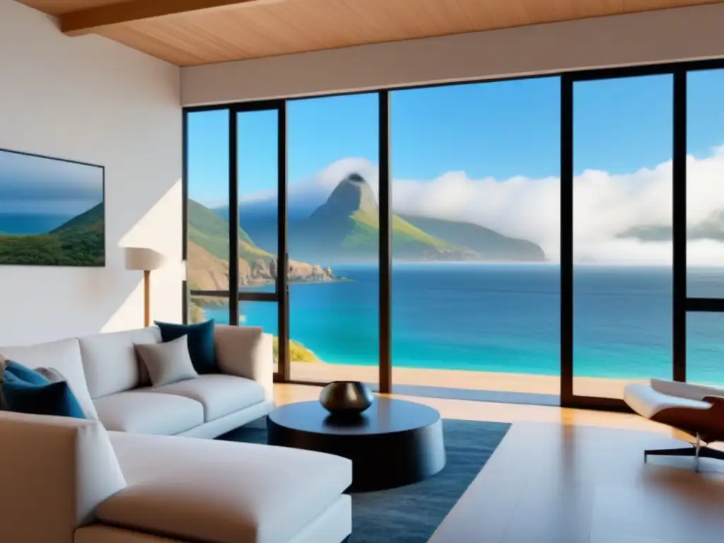 Interior de alquiler vacacional de lujo con vista a la playa o montaña Un refugio de lujo en alquiler vacacional corto: sala elegante, cocina moderna, dormitorio acogedor y vistas impresionantes