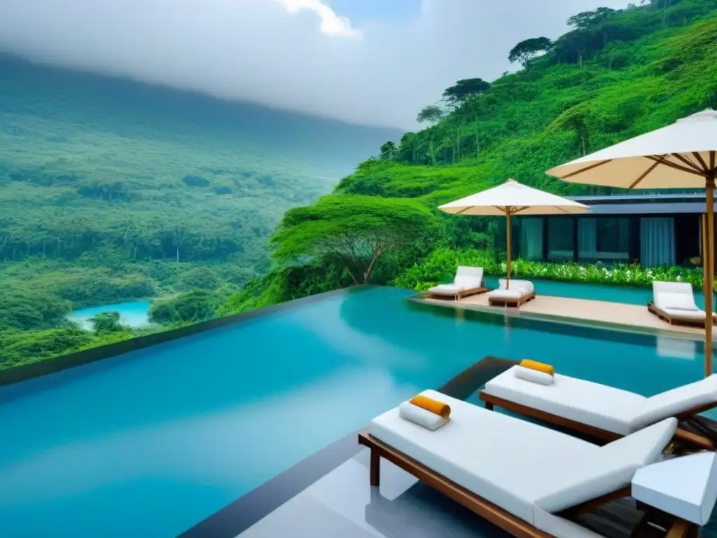 Resort ecológico de lujo en bosque exuberante Un refugio de lujo ecológico en un bosque verde exuberante con diseño sostenible y vistas panorámicas