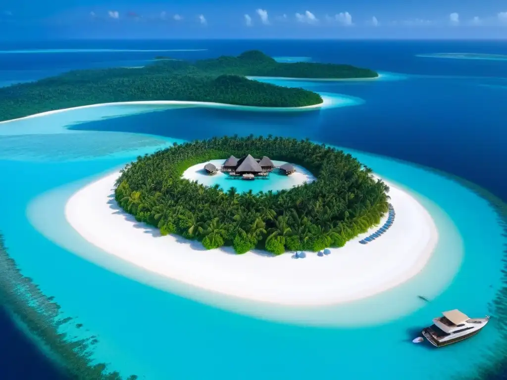 Paraíso exclusivo: lujoso resort en isla privada al atardecer Un refugio de lujo en una isla privada rodeada de aguas turquesas, bungalows elegantes, vegetación exuberante y playas de arena blanca