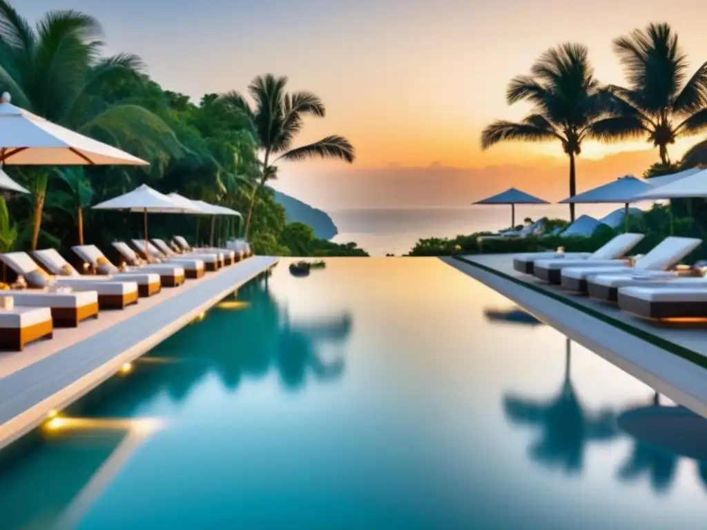 Resort de lujo frente al mar con piscina infinita y atardecer dorado Un refugio de lujo frente al mar con piscina infinita, rodeado de exuberante vegetación tropical y diseño arquitectónico moderno al atardecer
