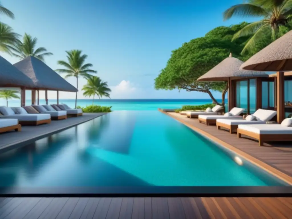 Resort de lujo frente al mar: opulencia y relajación en destino exótico Un refugio de lujo en la playa con arquitectura moderna, piscinas infinitas y exuberante vegetación tropical, capturando la esencia de una exitosa gestión de propiedades en destino exótico