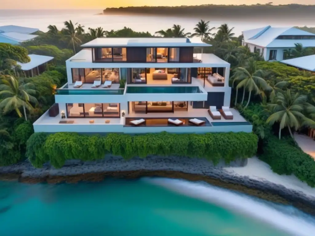 Propiedad de lujo frente al mar con piscina infinita al atardecer Un refugio de lujo en la playa al atardecer, ideal para inversionistas en destinos vacacionales