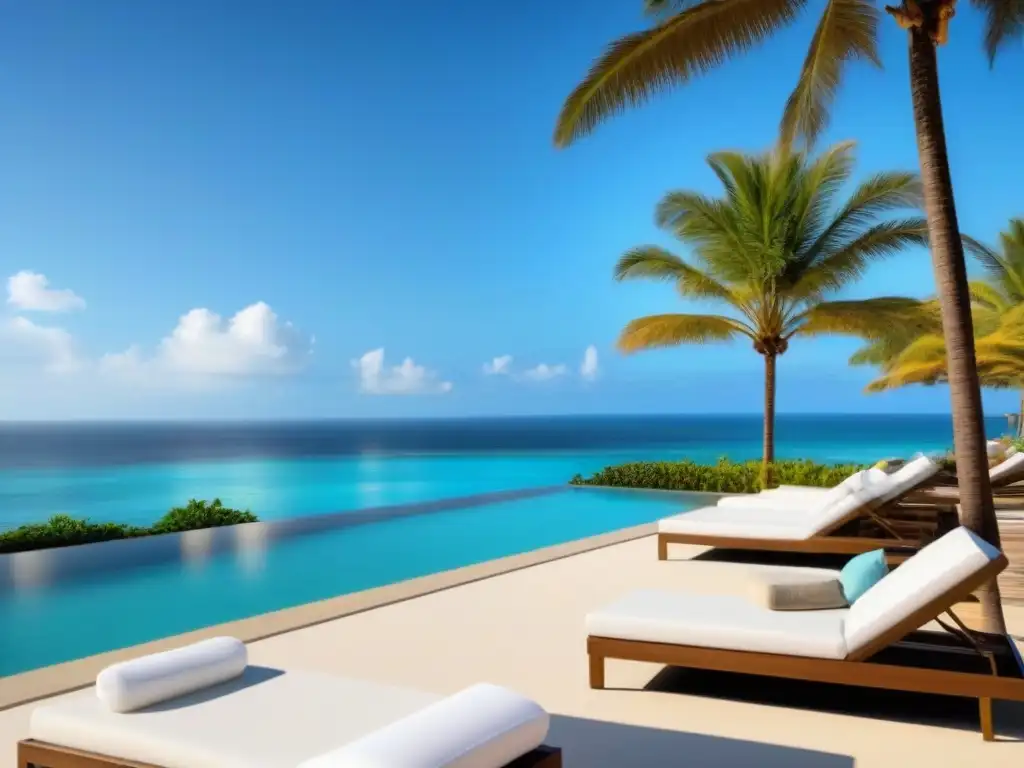 Resort de lujo frente al mar con piscina infinita y palmeras Un refugio de lujo en la playa con piscina infinita y elegantes tumbonas blancas alineadas ordenadamente