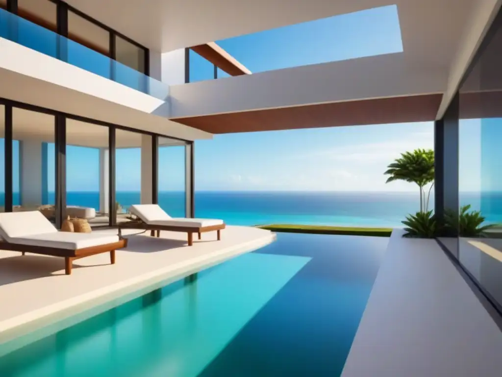 Propiedad vacacional de lujo en paraíso tropical Un refugio de lujo en la playa con piscina infinita y exuberante vegetación tropical, bañado por la luz dorada