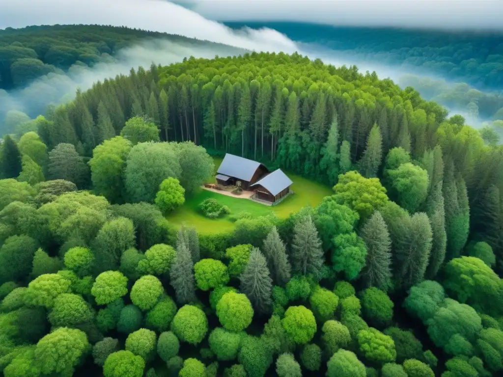 Refugio en el Bosque: Armonía entre Naturaleza y Humanidad Refugio seguro en medio del bosque: casa aislada entre árboles verdes bajo cielo azul, en armonía con la naturaleza en zonas incendios forestales