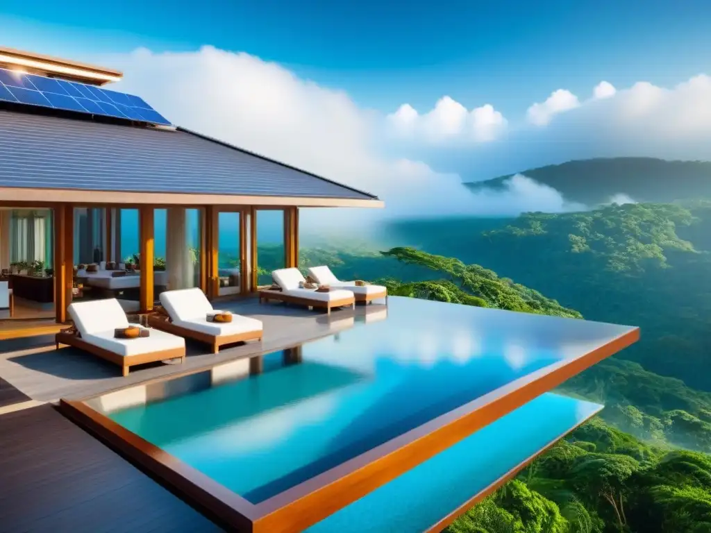 Resort sostenible de lujo en selva tropical Un refugio sostenible de lujo en la selva tropical con arquitectura ecoamigable y vistas panorámicas