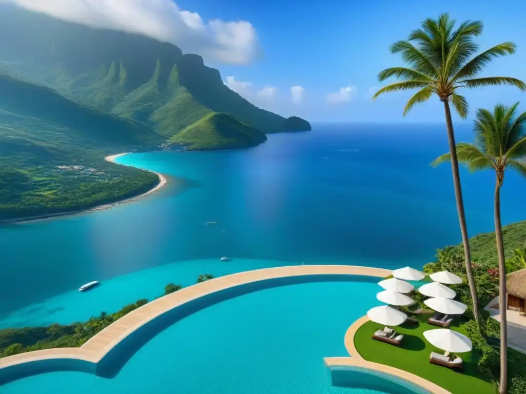 Resort de lujo entre montañas y mar turquesa Un refugio de tiempo compartido idílico con arquitectura moderna frente al mar y montañas, rodeado de palmeras