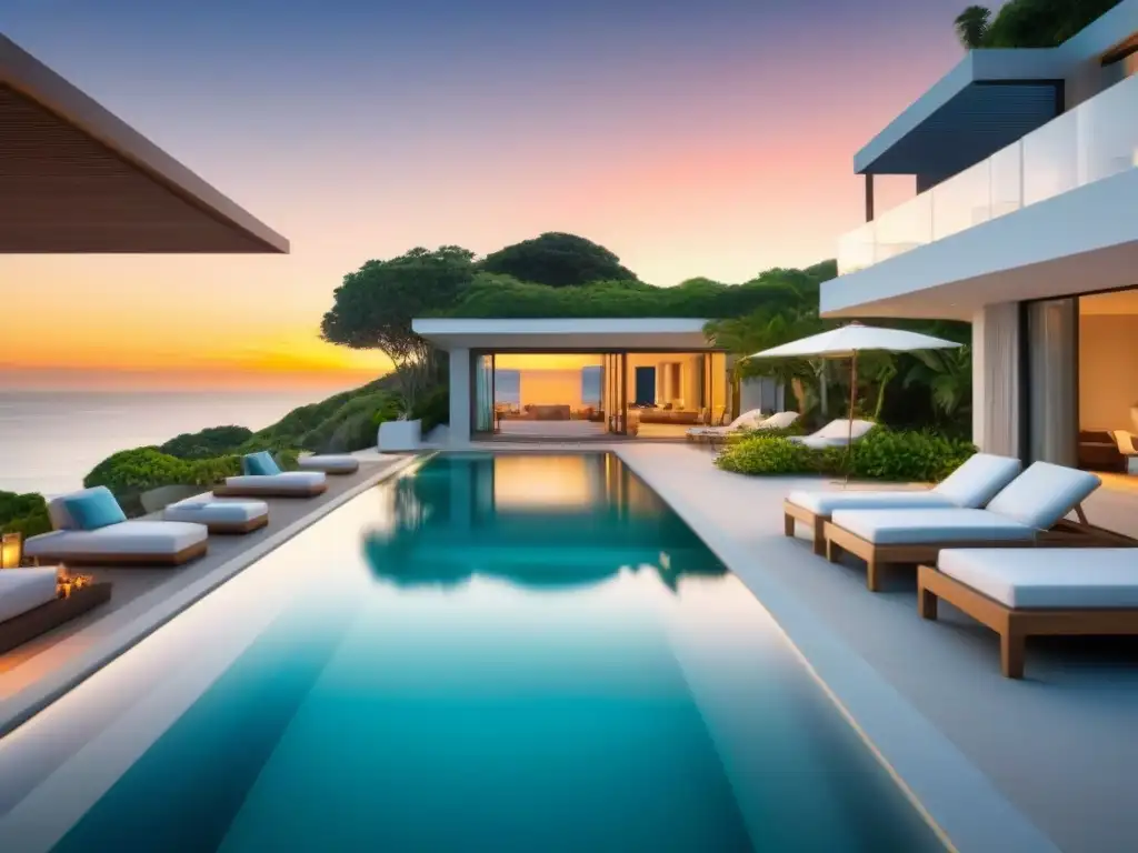 Paraíso costero: lujosa propiedad vacacional con piscina y vistas al mar Un refugio vacacional de lujo con piscina y atardecer impresionante