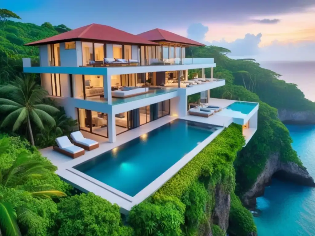 Propiedad de lujo con piscina infinita privada Refugio vacacional de lujo con piscina infinita privada y vistas al mar al atardecer