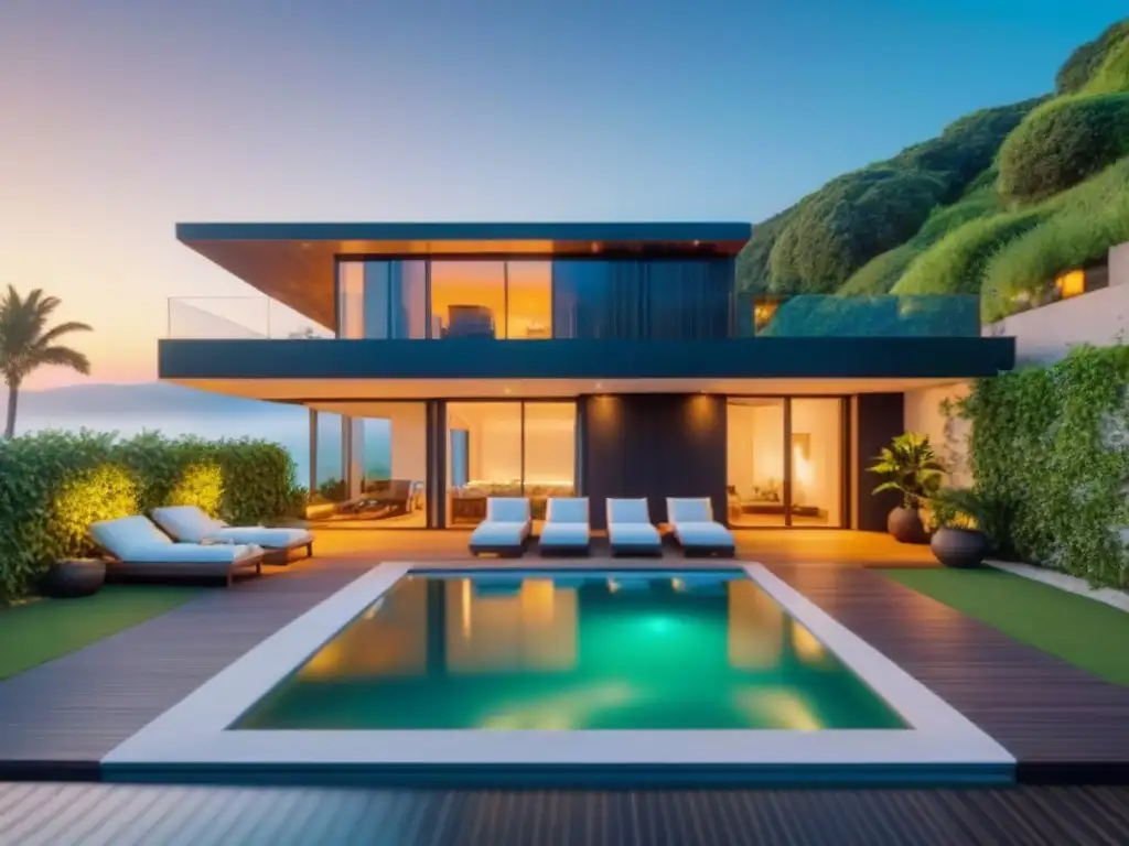 Vacaciones de lujo: Exclusiva propiedad vacacional con piscina y atardecer Un refugio vacacional moderno y lujoso con piscina, mobiliario elegante y vegetación exuberante al atardecer
