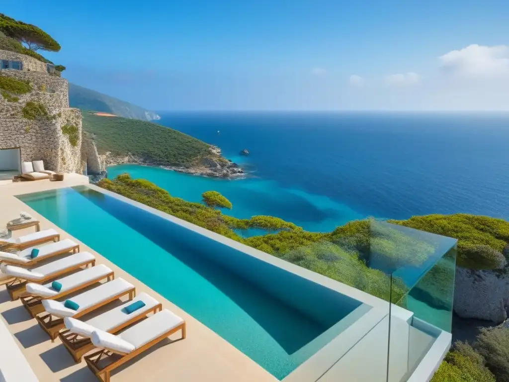 Alquiler vacacional moderno en acantilado con vistas al mar Un refugio vacacional moderno y luminoso en un acantilado con vistas al mar turquesa