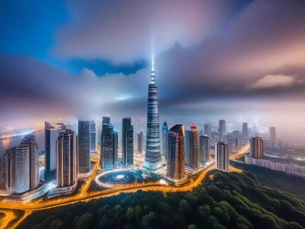Horizonte urbano moderno: inversión inmobiliaria global Regulaciones construcción inversión inmobiliaria internacional: Imponente skyline moderno con rascacielos reflejando luces de la ciudad de noche