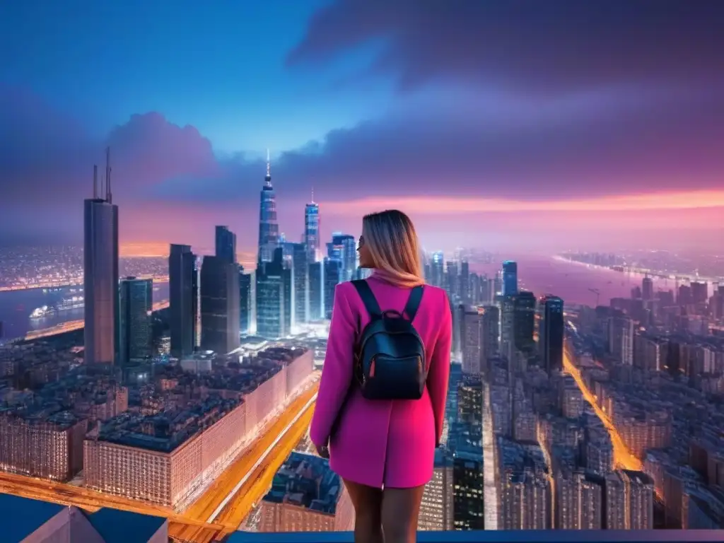 Metrópolis luminosa: paisaje urbano en 8k al anochecer Regulaciones internacionales inversión inmobiliaria: Ciudad moderna al anochecer, con rascacielos iluminados reflejando la vida urbana