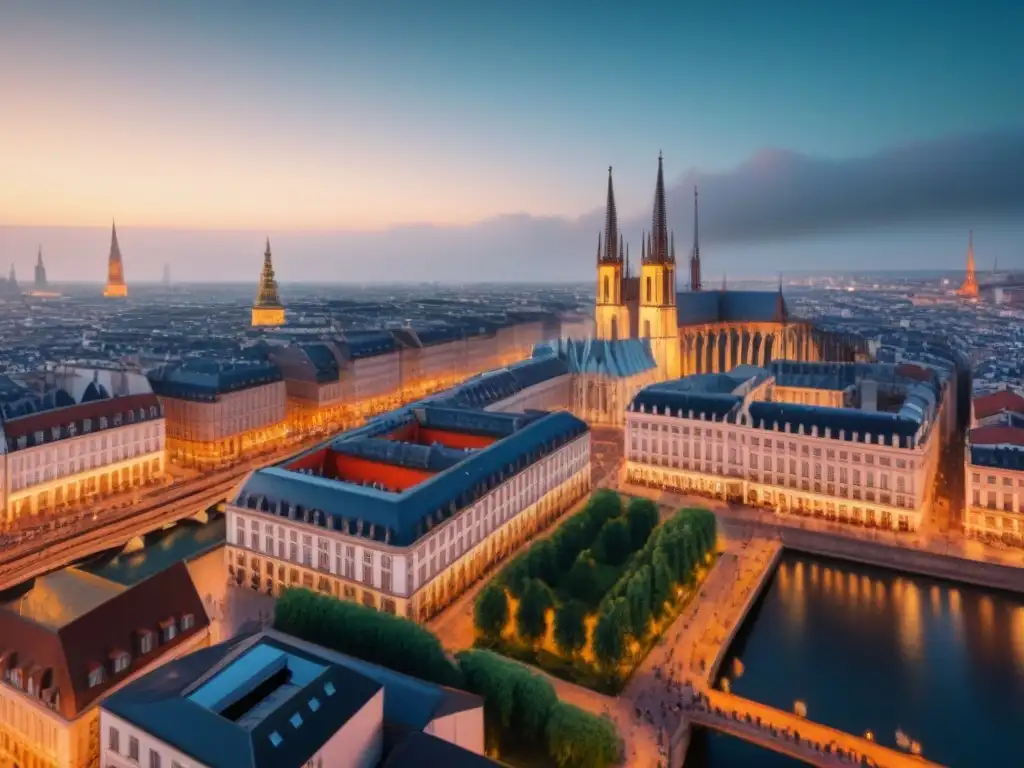 Metrópolis europea: fusión de tradición y modernidad Regulaciones alquiler Europa inversores extranjeros: Ciudad europea cosmopolita al anochecer, con rascacielos iluminados y gente en las calles