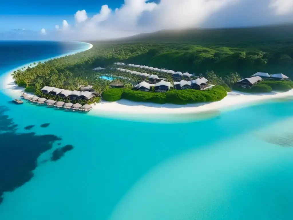 Paraíso playero: resort de lujo en playa paradisíaca Remordimiento comprador reventa tiempo compartido: Resort de lujo frente al mar con aguas turquesas, palmeras y villas de lujo en la playa