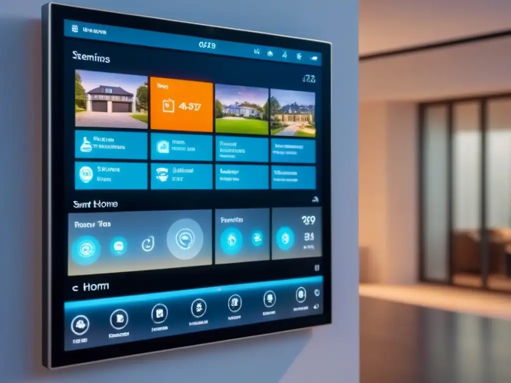Centro de control domótico de lujo con vigilancia en tiempo real Supervisión remota de propiedades con IA: Centro de control inteligente en casa de lujo con pantalla táctil y cámaras de seguridad en tiempo real