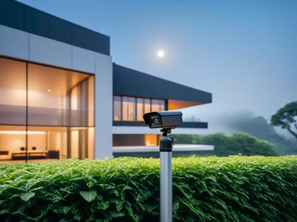 Vigilancia avanzada: cámaras de seguridad AI en edificio moderno Supervisión remota de propiedades con IA: Sistema de cámaras de alta tecnología en edificio moderno, integrando naturaleza y tecnología