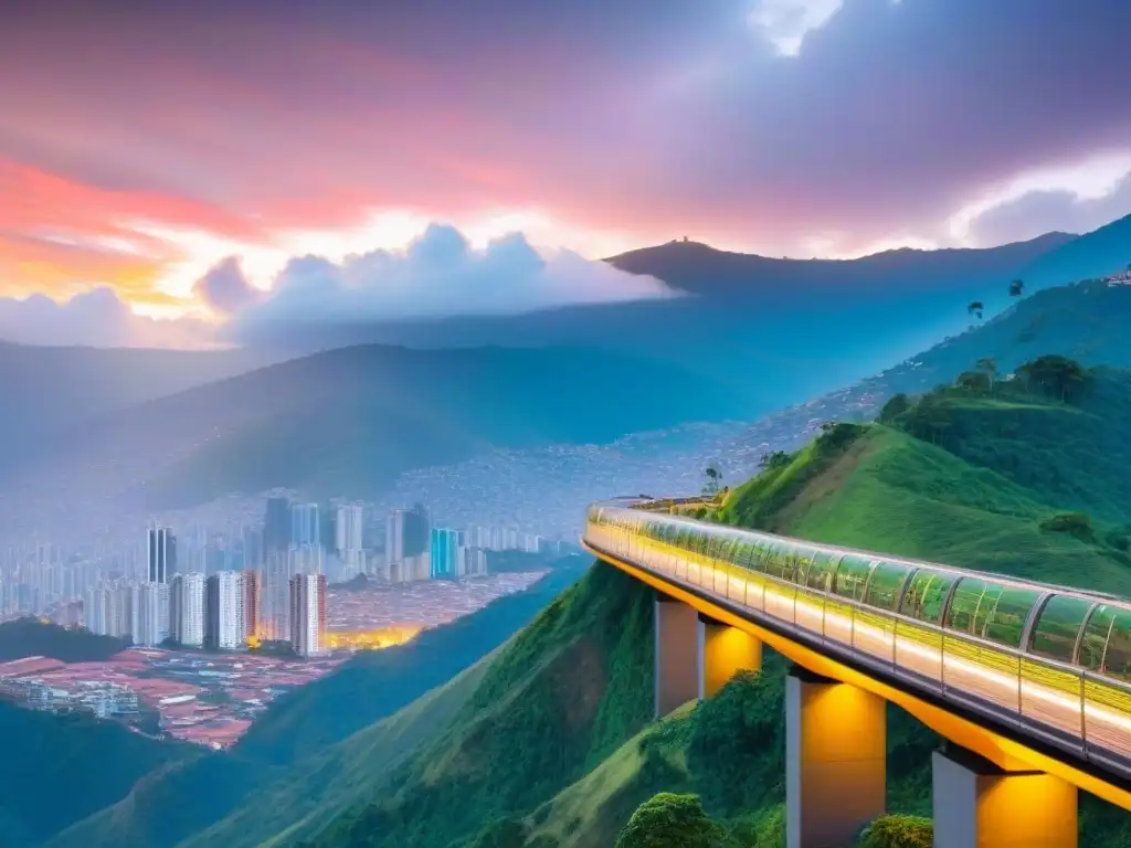 Medellín moderna: skyline vibrante y montañas verdes Renacimiento inmobiliario en Medellín: modernos rascacielos y vibrante vida urbana bajo el cálido atardecer