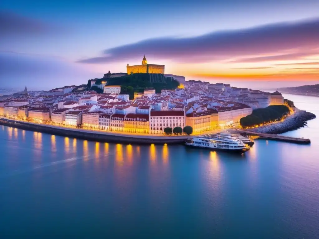 Lisboa al atardecer: fusión de historia y modernidad junto al río Tajo Renacimiento urbano Lisboa turismo inversión: Vista aérea de la ciudad al atardecer, historia y modernidad a orillas del río Tajo
