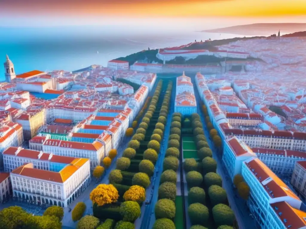 Paisaje urbano de Lisboa al atardecer: fusión histórica y moderna Renacimiento urbano en Lisboa: mezcla de historia y modernidad al atardecer, con río y turistas