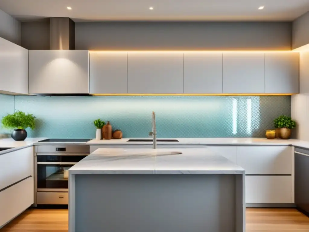 Renovación de cocina moderna y lujosa en espacio pequeño Una renovación de cocina moderna y elegante en espacios pequeños con electrodomésticos de alta gama, gabinetes blancos y encimera de mármol