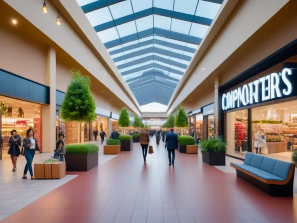 Centro comercial renovado: energía dinámica y diversidad comunitaria Una renovación exitosa transforma un centro comercial con arquitectura moderna y diversidad de personas disfrutando