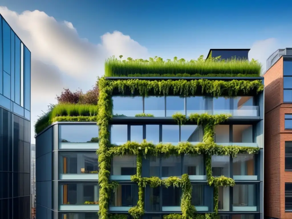 Renovación sostenible: diseño arquitectónico vanguardista en entorno urbano Una renovación inmobiliaria con tecnologías emergentes: paneles solares transparentes, muros verdes y fachada energéticamente eficiente