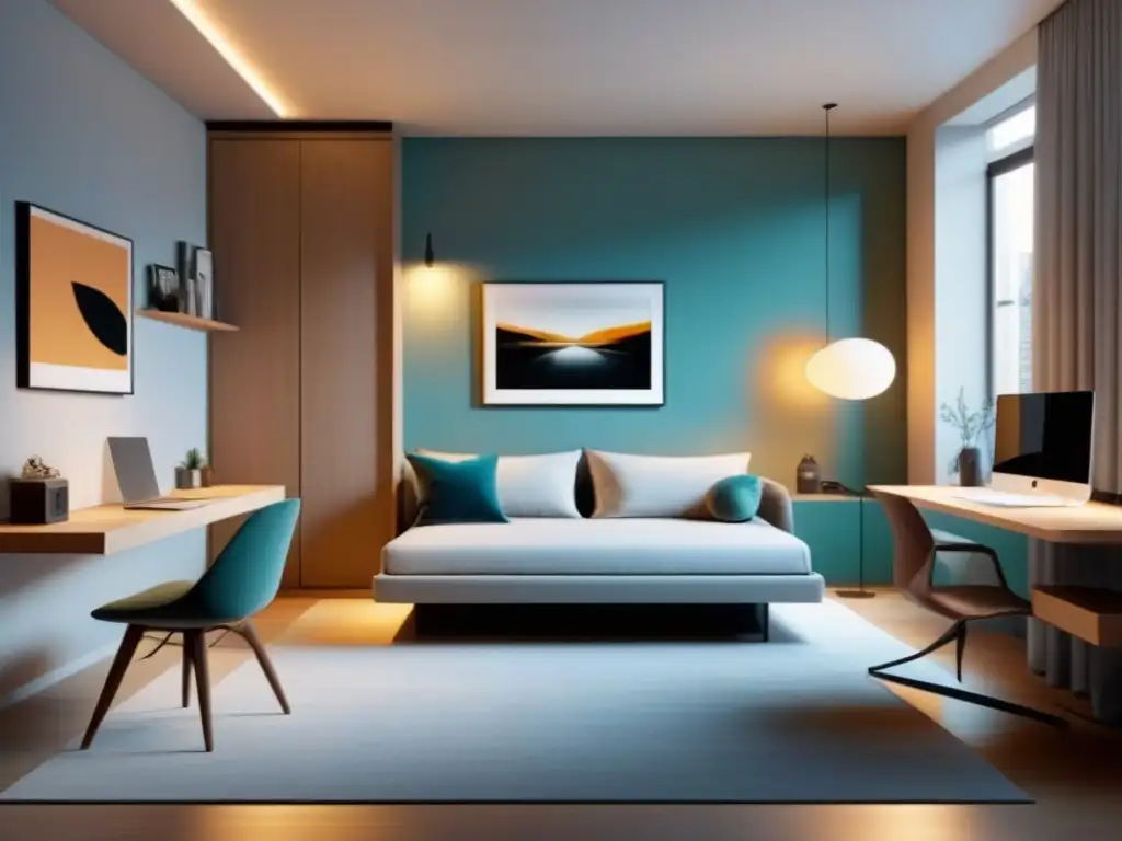 Estudio moderno en 8K: Funcionalidad y estilo en un espacio compacto Renovaciones inteligentes espacios pequeños en un estudio moderno y funcional con cama Murphy integrada