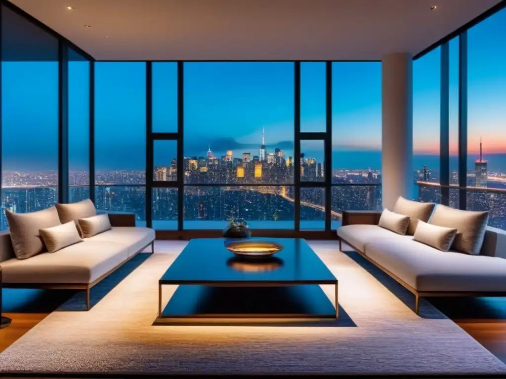 Salón moderno con vistas a la ciudad al anochecer Guía renovaciones lucrativas mercado inmobiliario: Sala de estar moderna y lujosa con vista a la ciudad al anochecer