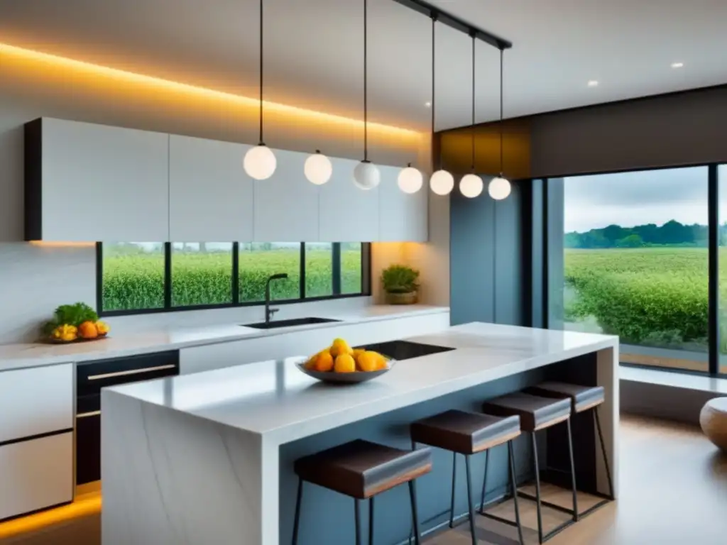 Cocina moderna de lujo con isla y luz natural Renovaciones para aumentar valor propiedad: Cocina moderna de lujo con gabinetes blancos, encimeras de mármol y electrodomésticos de acero inoxidable, bañada por luz natural en ventanales grandes
