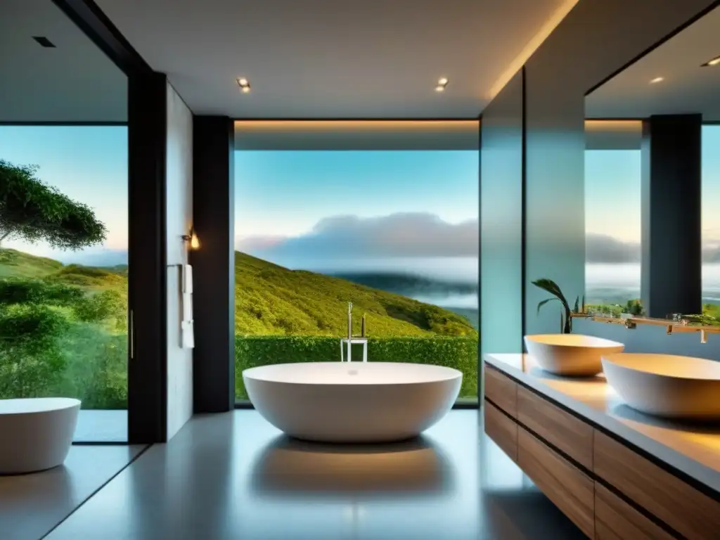 Baño de lujo con mármol, lluvia y vistas Renovaciones para aumentar valor propiedad: lujoso baño ultramoderno con detalles de mármol y vistas a un paisaje sereno